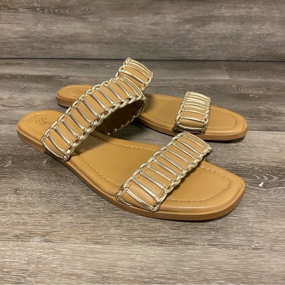 Seychelles | Meantime Slides in Vacchetta/Platinum Metallic Leather Size 9 NEW - Picture 2 of 11